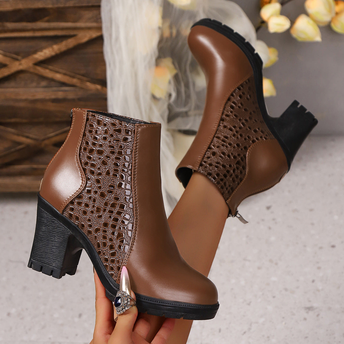 Meline Croc Block-Heel Ankle Boots 2