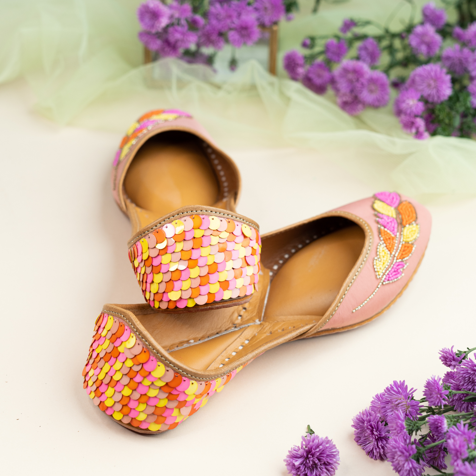 Baby Pink Sequins and Beaded Leaf Jutti 3