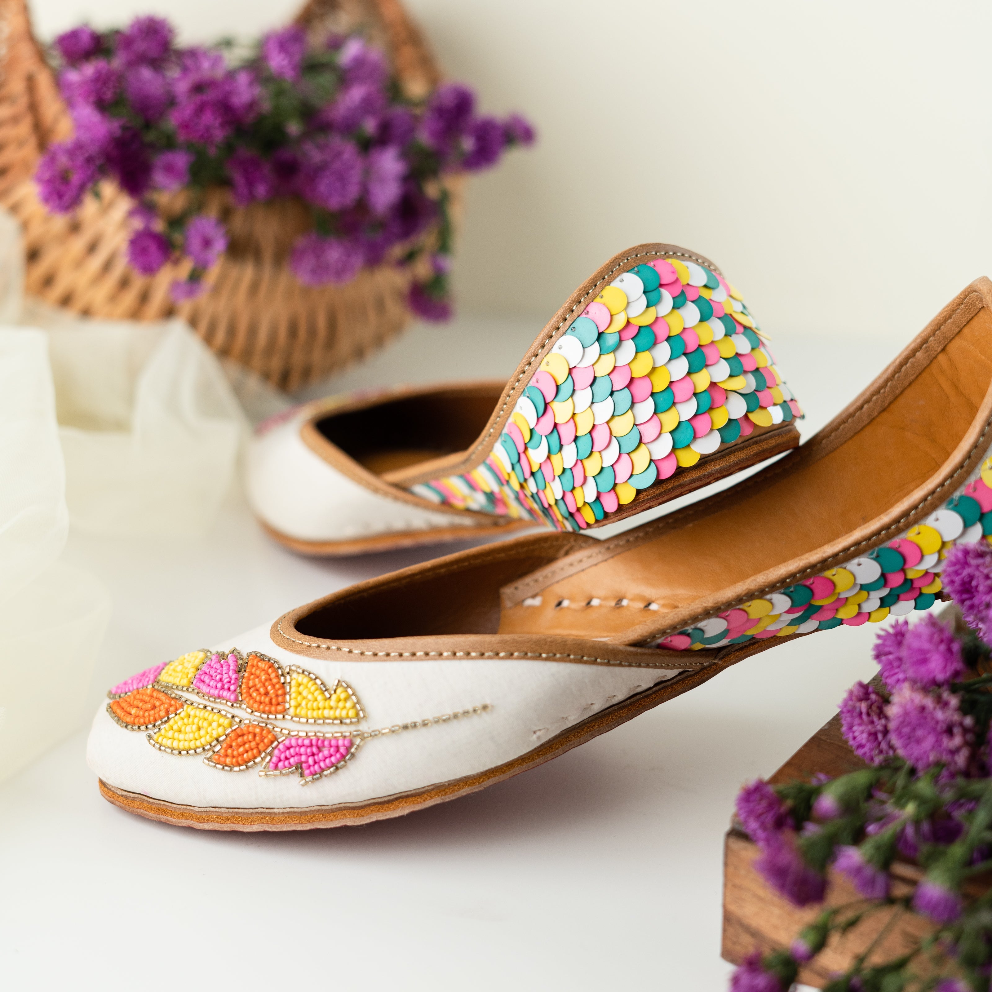 White Sequins and Beaded Leaf Jutti 3