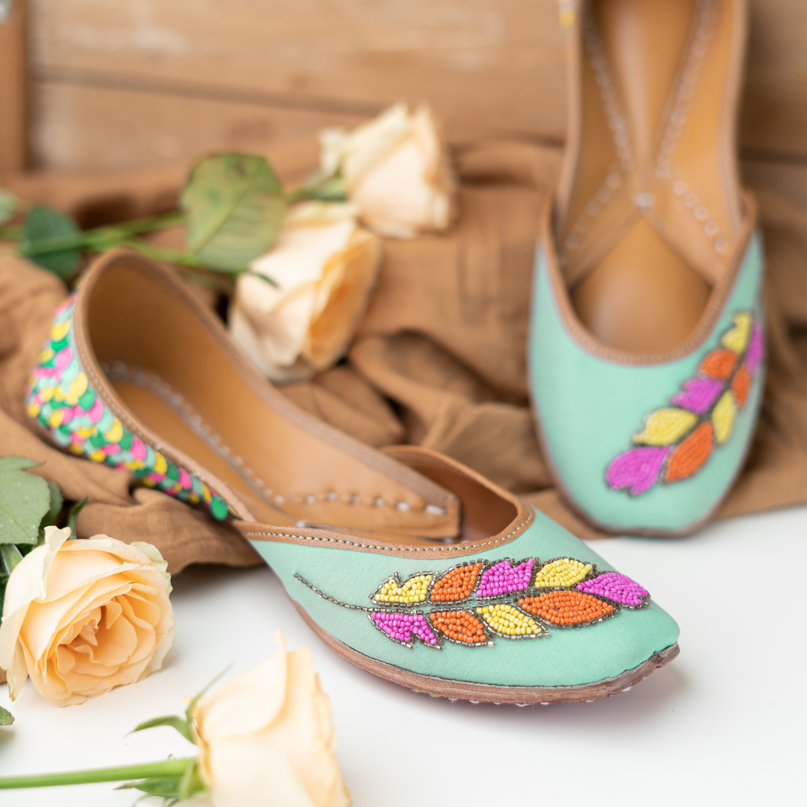 Mint Green Sequins and Beaded Leaf Jutti 2