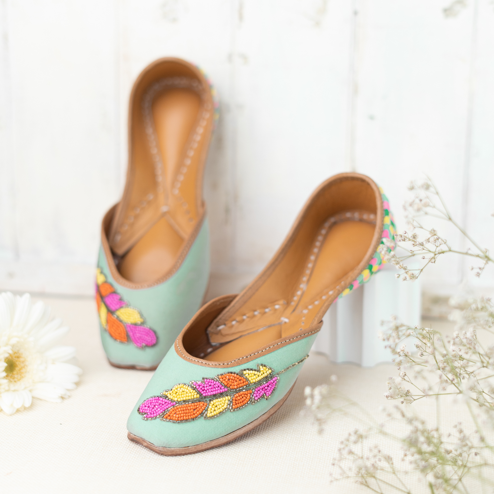 Mint Green Sequins and Beaded Leaf Jutti 3