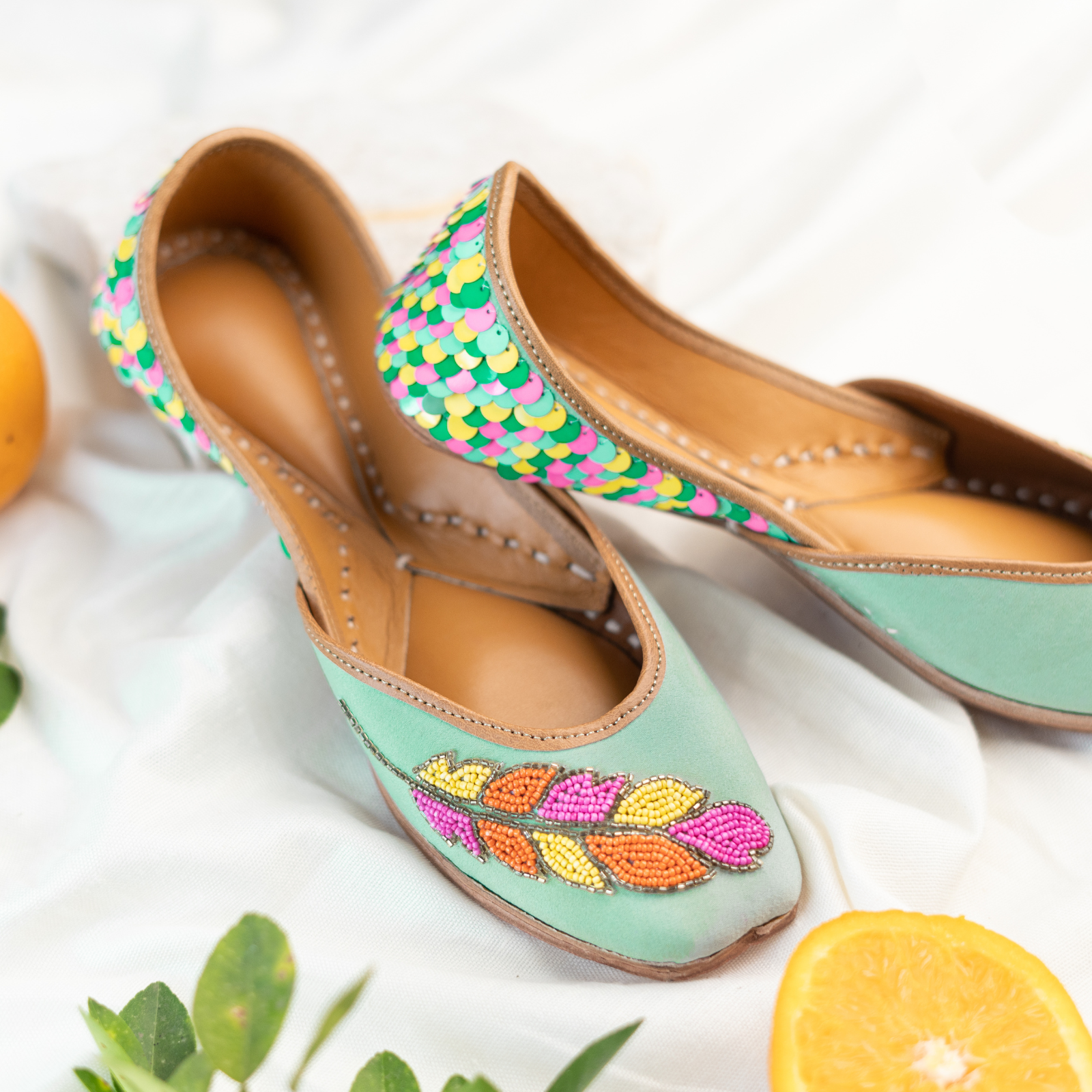Mint Green Sequins and Beaded Leaf Jutti 4
