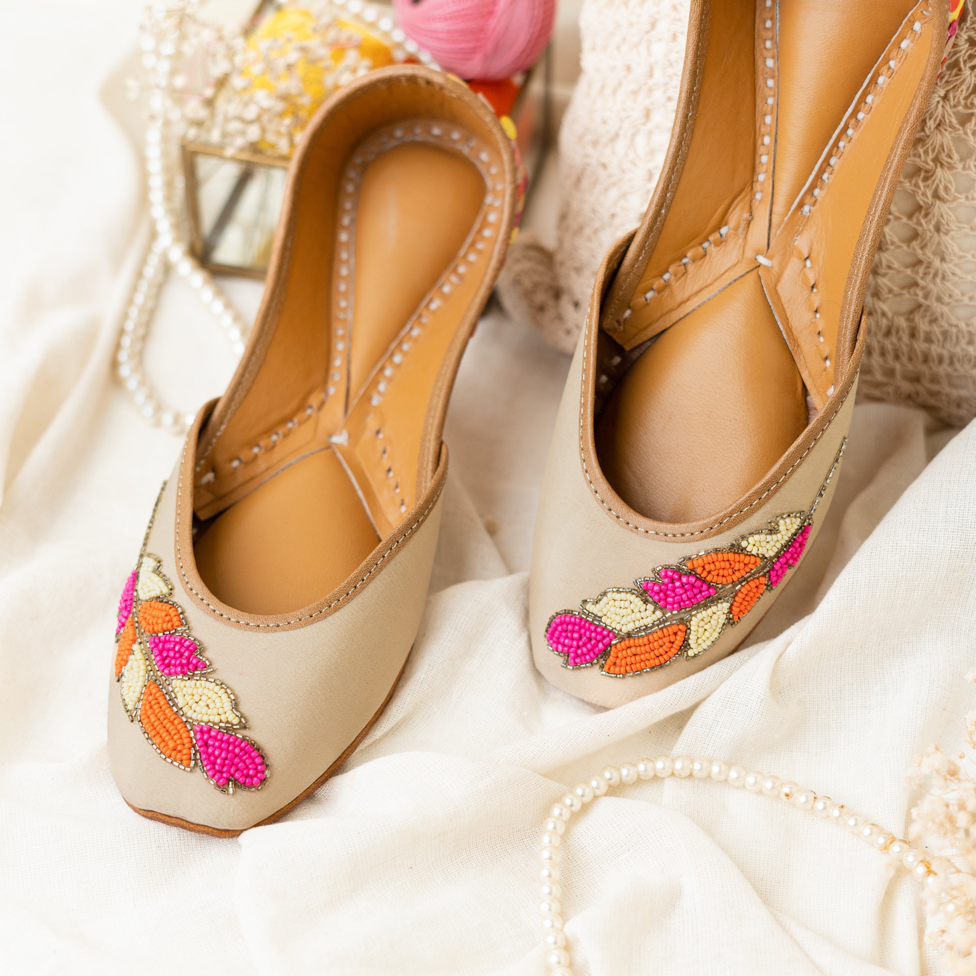 Beige Sequins and Beaded Leaf Jutti 2