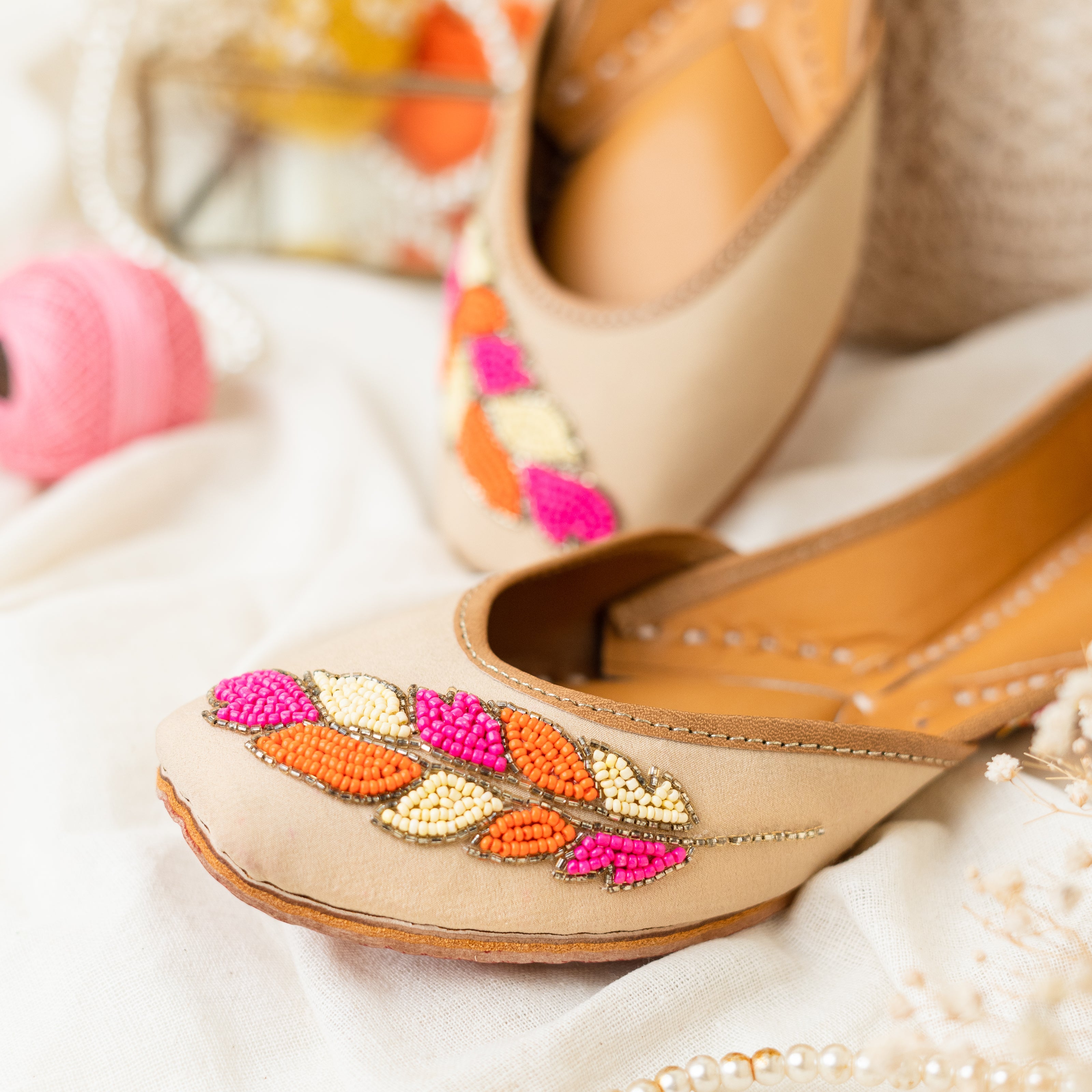 Beige Sequins and Beaded Leaf Jutti 3