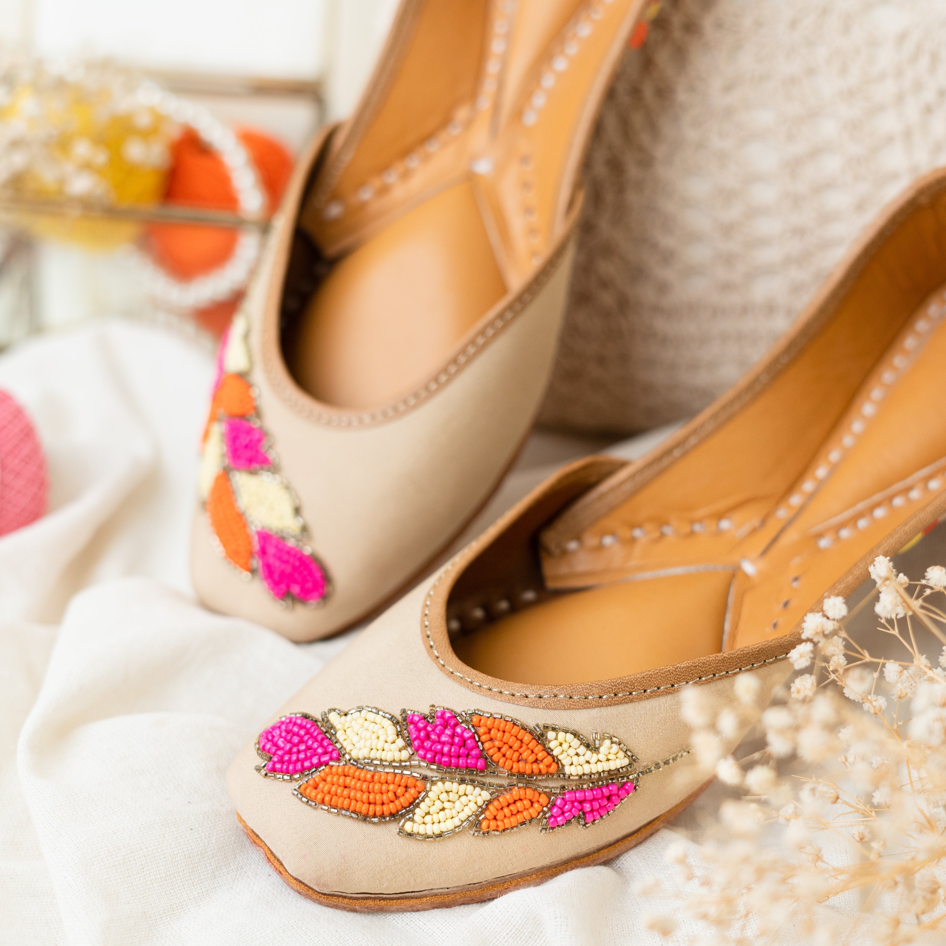 Beige Sequins and Beaded Leaf Jutti 4