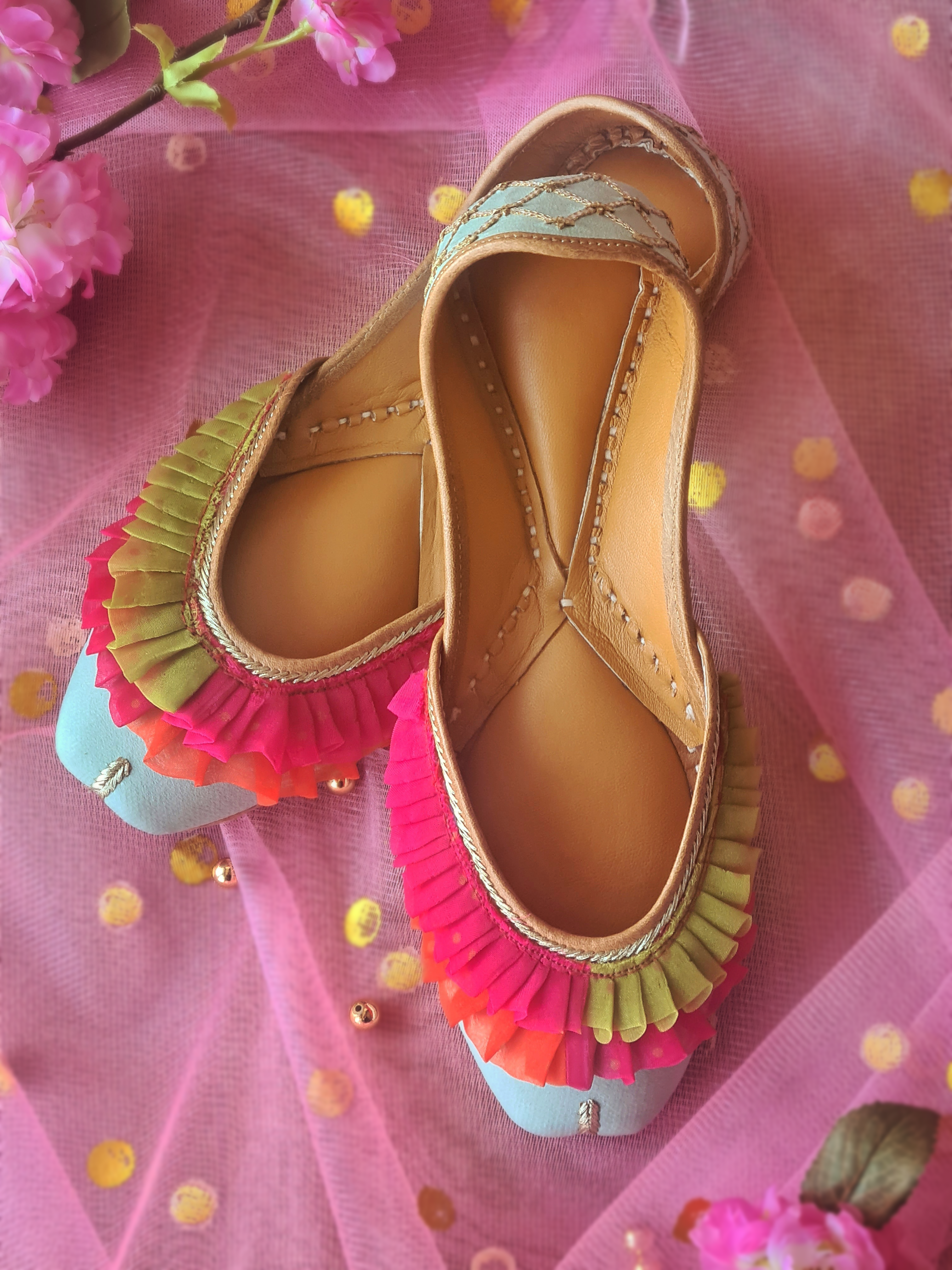 Mint Green Ruffled Jutti with Gota Lace