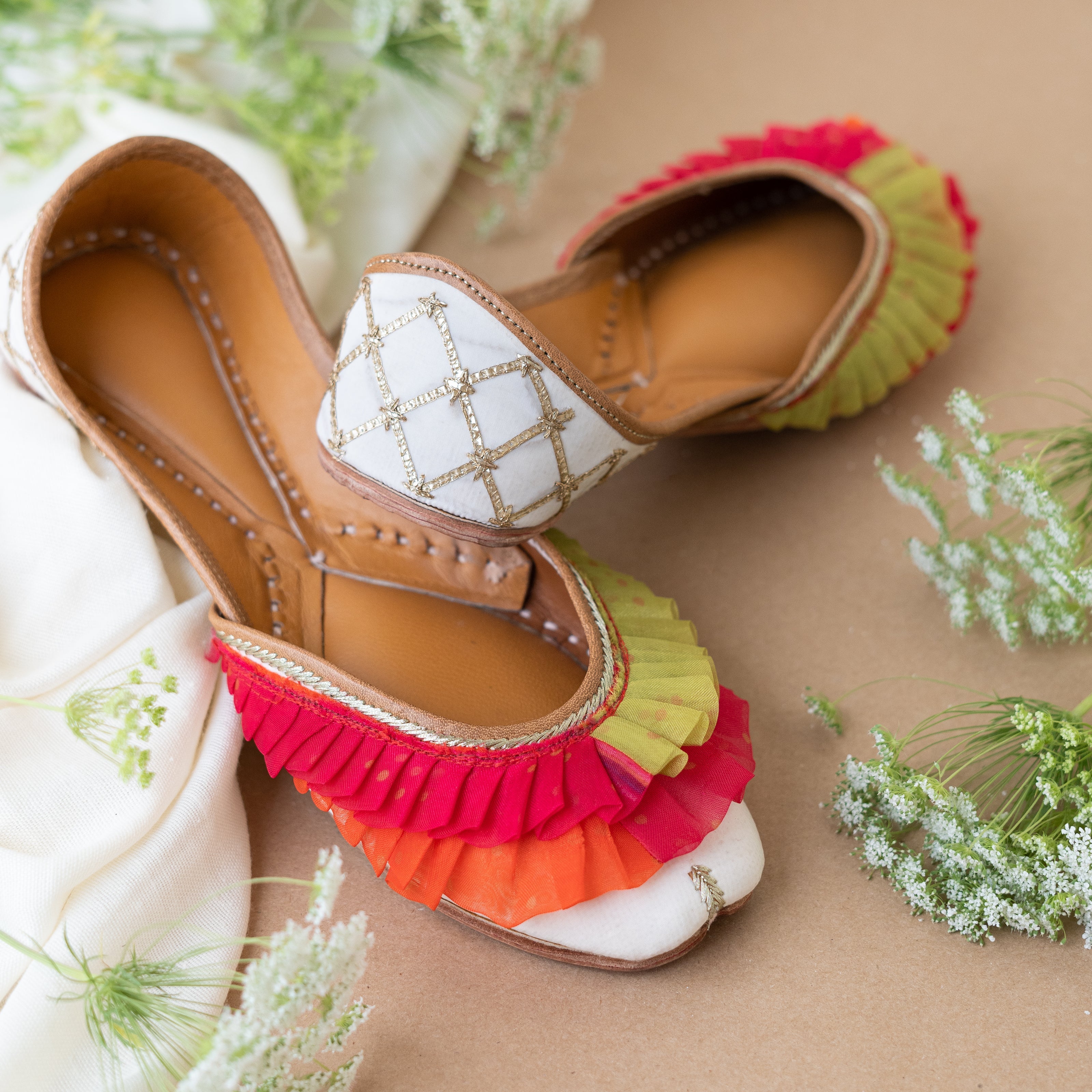 White Ruffled Jutti with Gota Lace 4