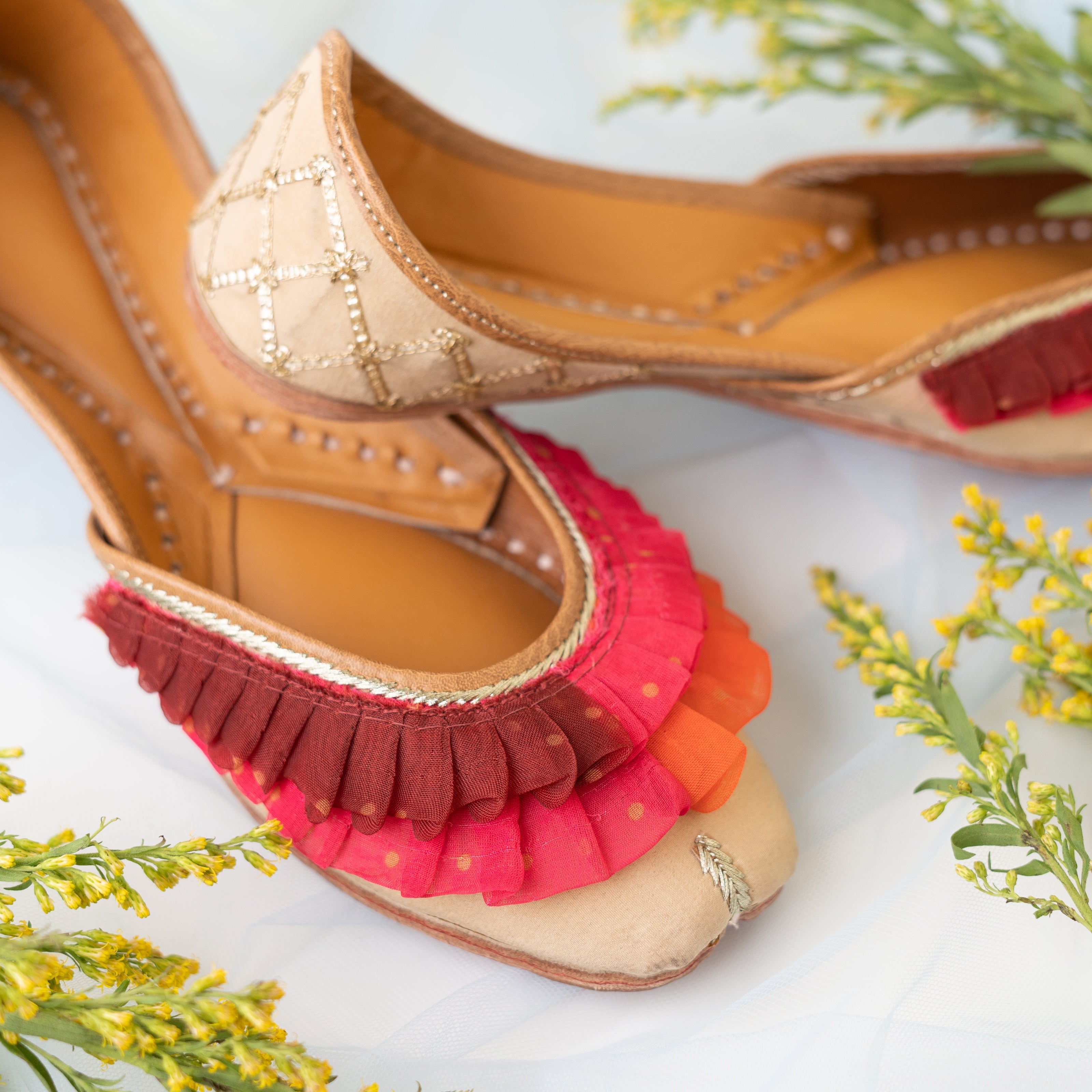 Beige Ruffled Jutti with Gota Lace 2