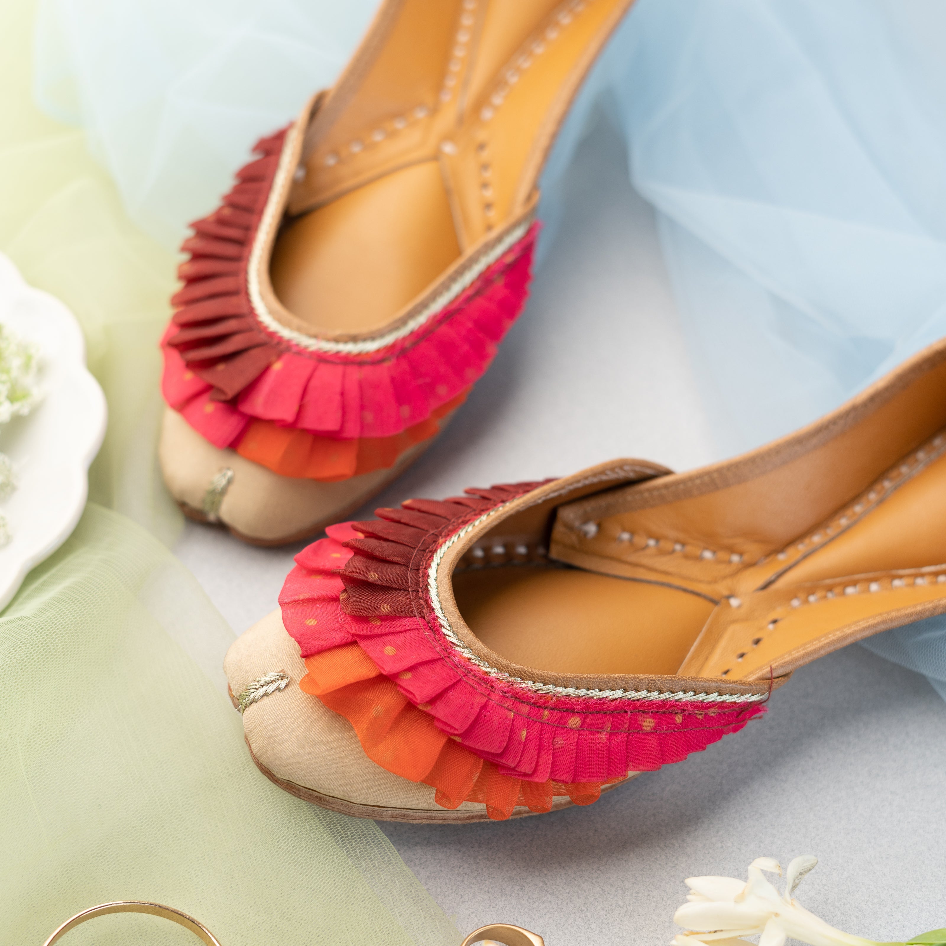 Beige Ruffled Jutti with Gota Lace 3