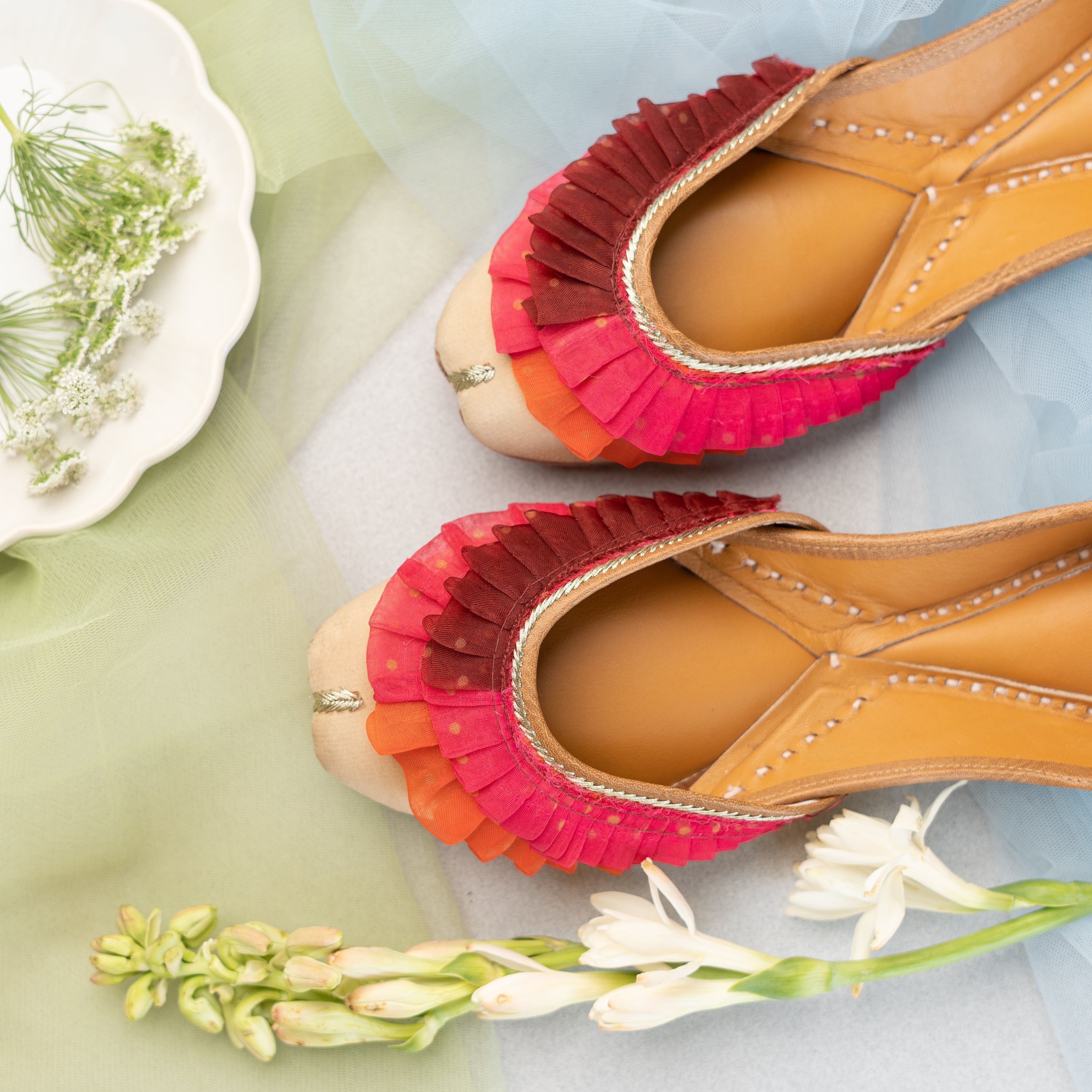 Beige Ruffled Jutti with Gota Lace 4