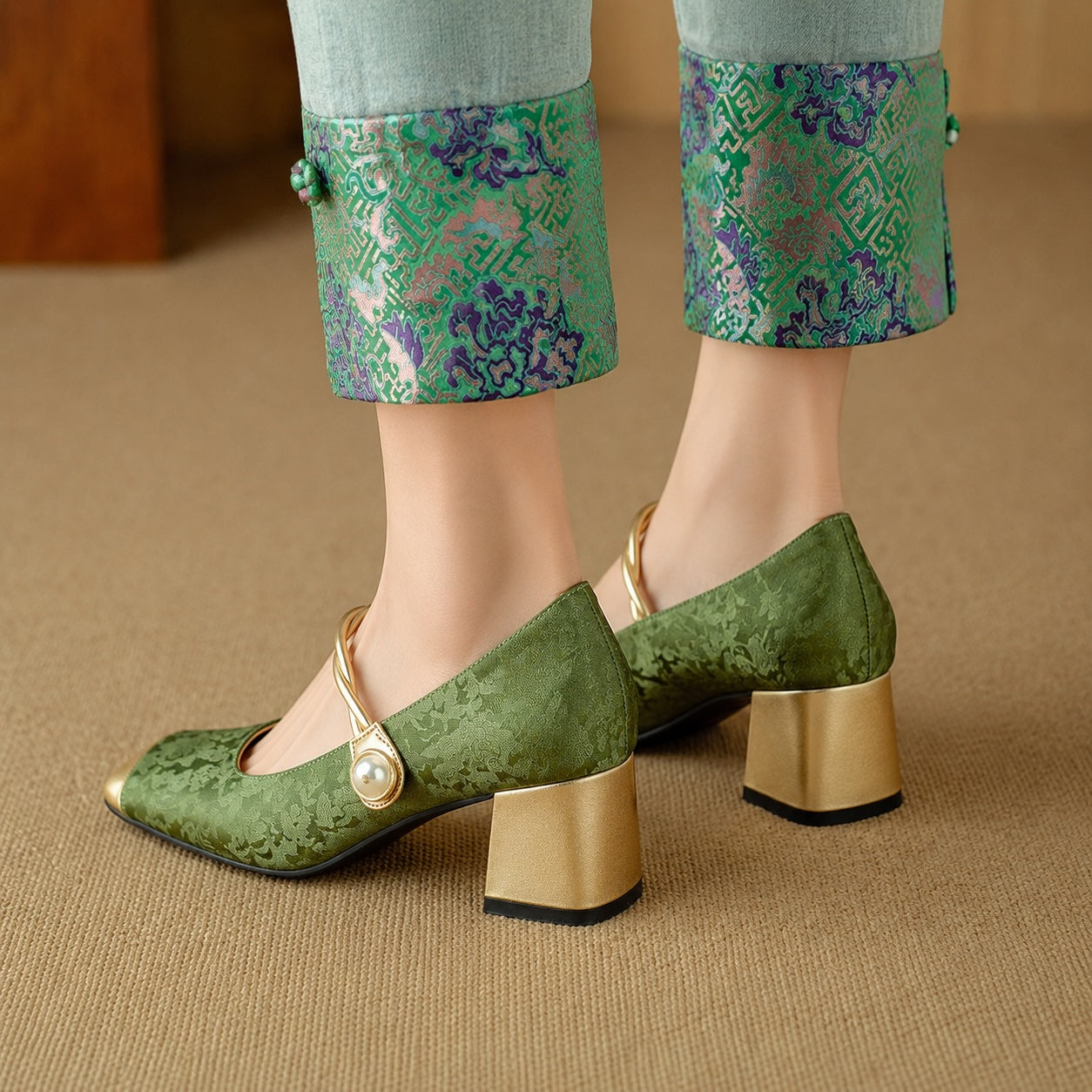 Chantilly Jacquard Block Heel Pumps 3