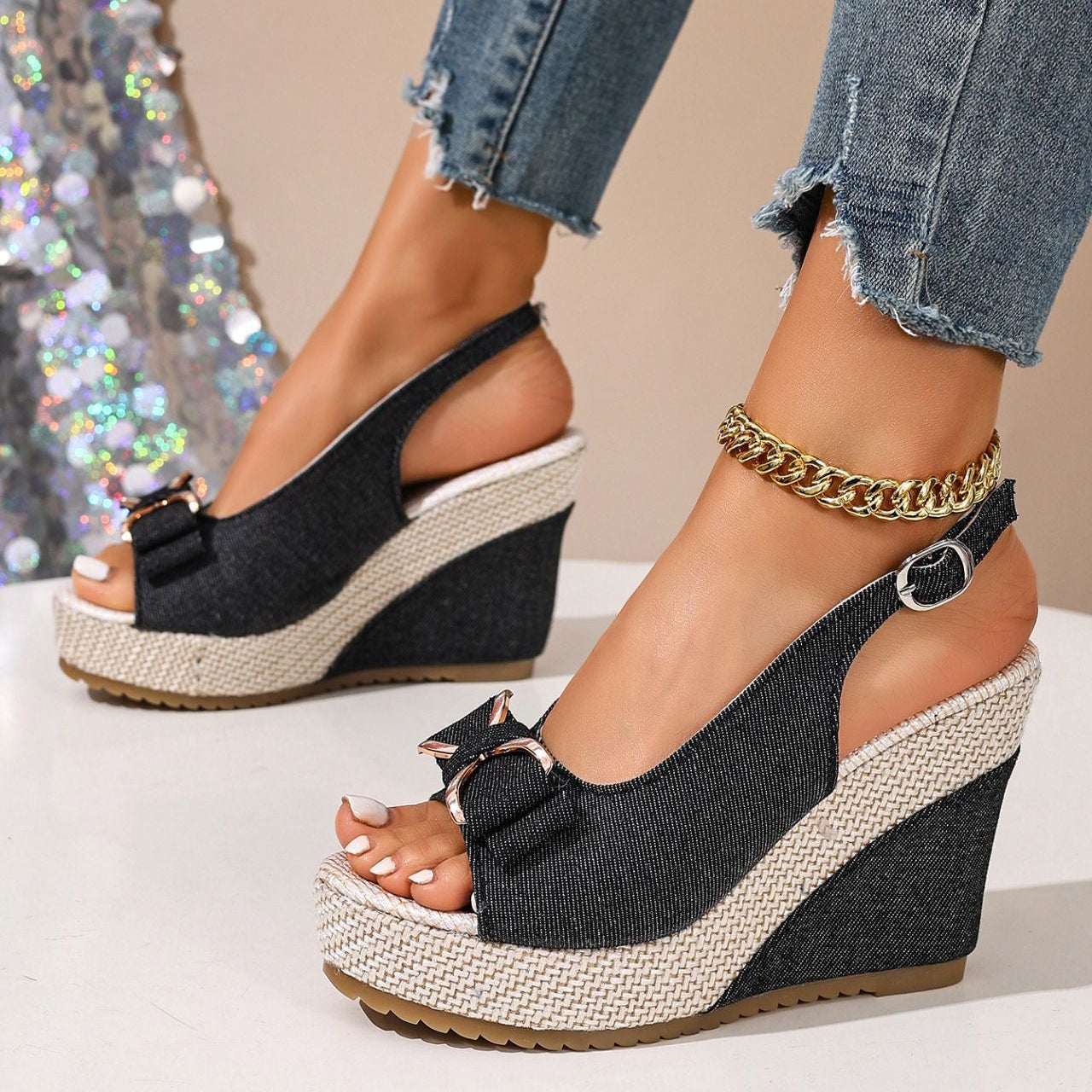 Caluna Denim Wedge Sandals 2