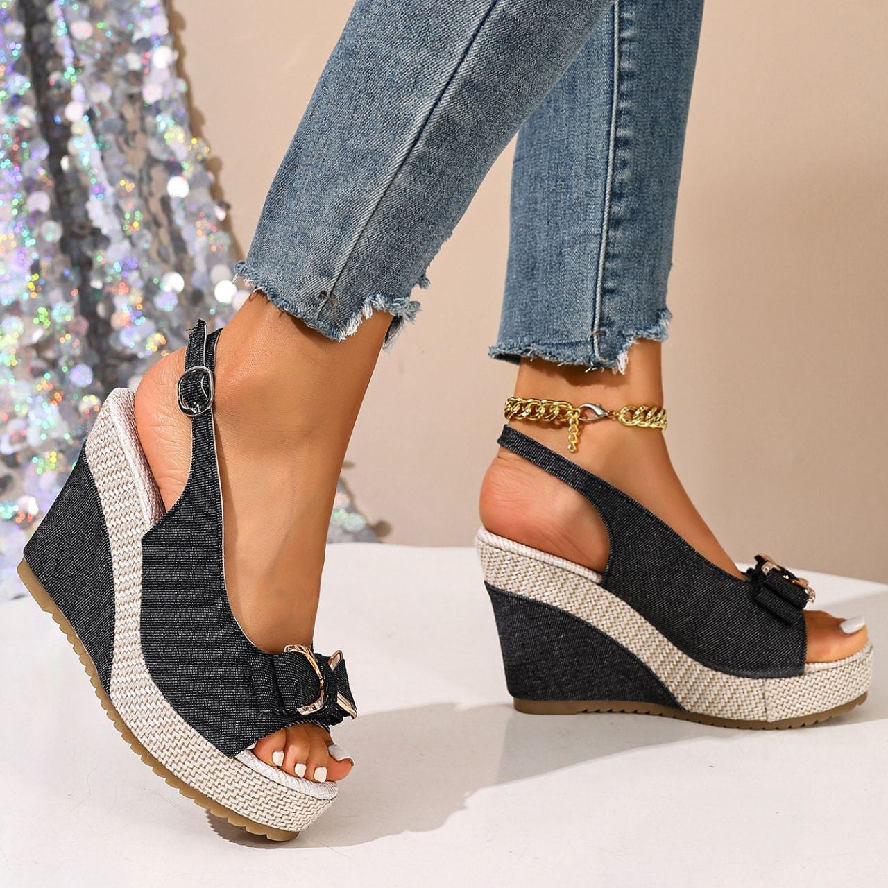 Caluna Denim Wedge Sandals 3