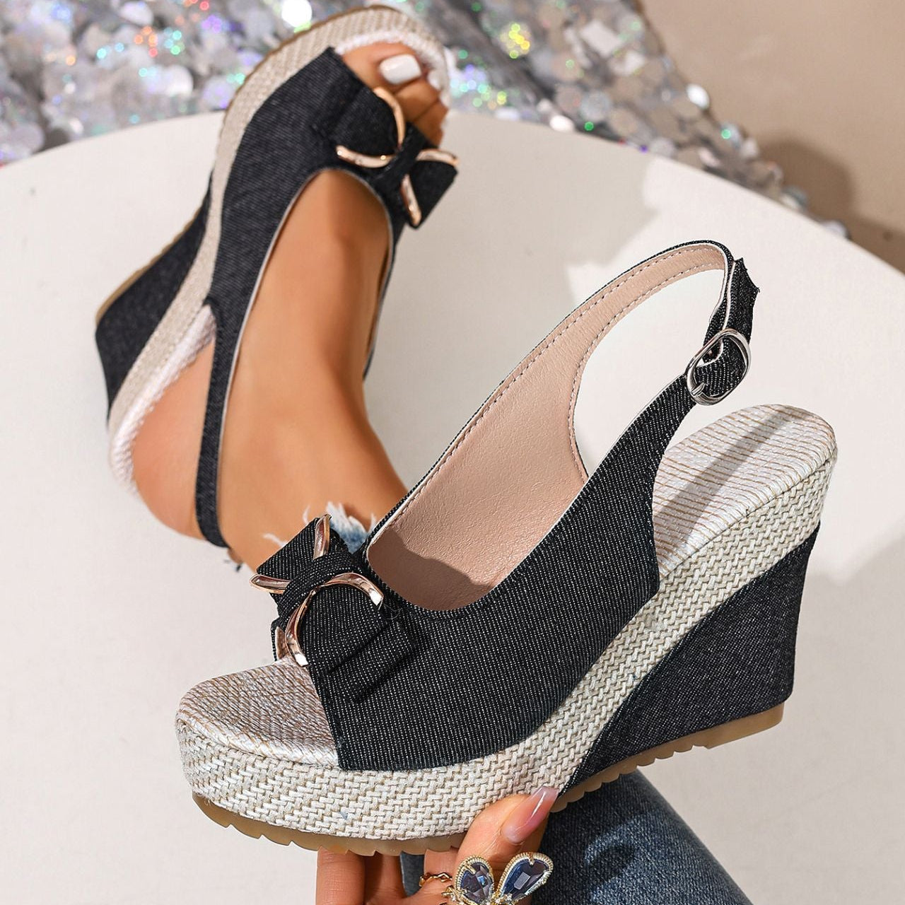 Caluna Denim Wedge Sandals 4