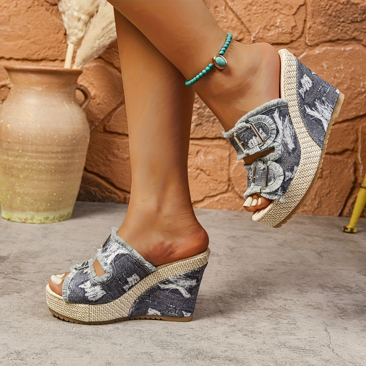 Caleva Denim Wedge Slide Sandals 4